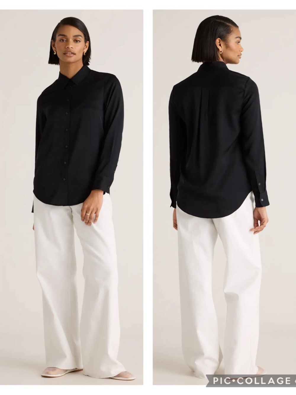 EUC Quince Black Washable Stretch Silk Button Front Blouse